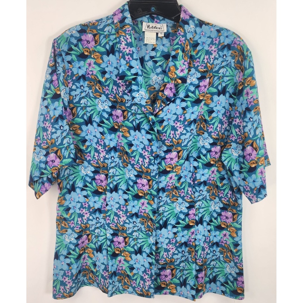 Vintage Notations Button Front Top Women's 12 Blue Floral Tropical Resort Wear